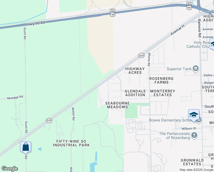 map of restaurants, bars, coffee shops, grocery stores, and more near 1117 FM 529 in Rosenberg