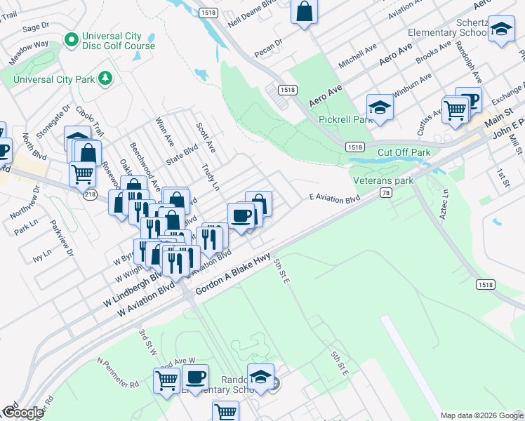map of restaurants, bars, coffee shops, grocery stores, and more near 429 East Lindbergh Boulevard in Universal City