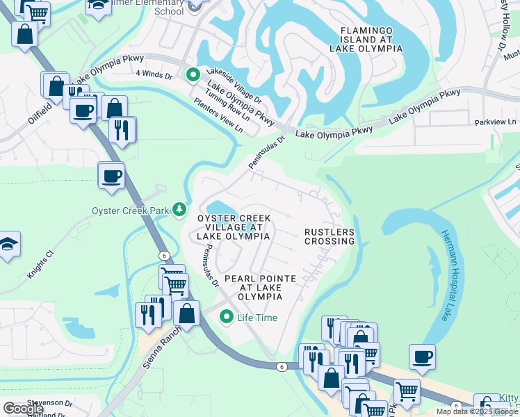 map of restaurants, bars, coffee shops, grocery stores, and more near 638 Hawthorn Place in Missouri City