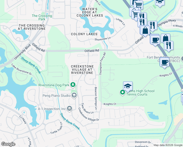 map of restaurants, bars, coffee shops, grocery stores, and more near 3802 Broken Pine Court in Sugar Land