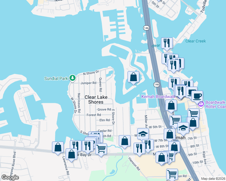 map of restaurants, bars, coffee shops, grocery stores, and more near 221 Blue Point Road in Kemah