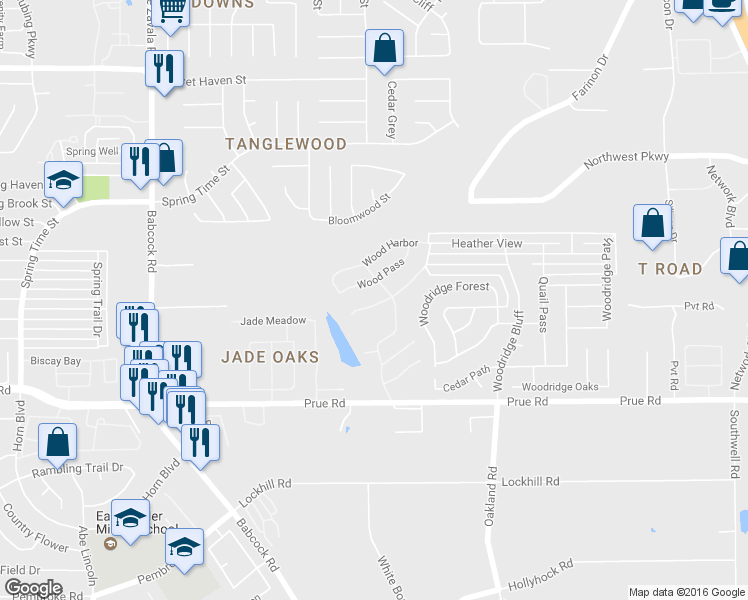map of restaurants, bars, coffee shops, grocery stores, and more near 6119 Wood Bayou in San Antonio