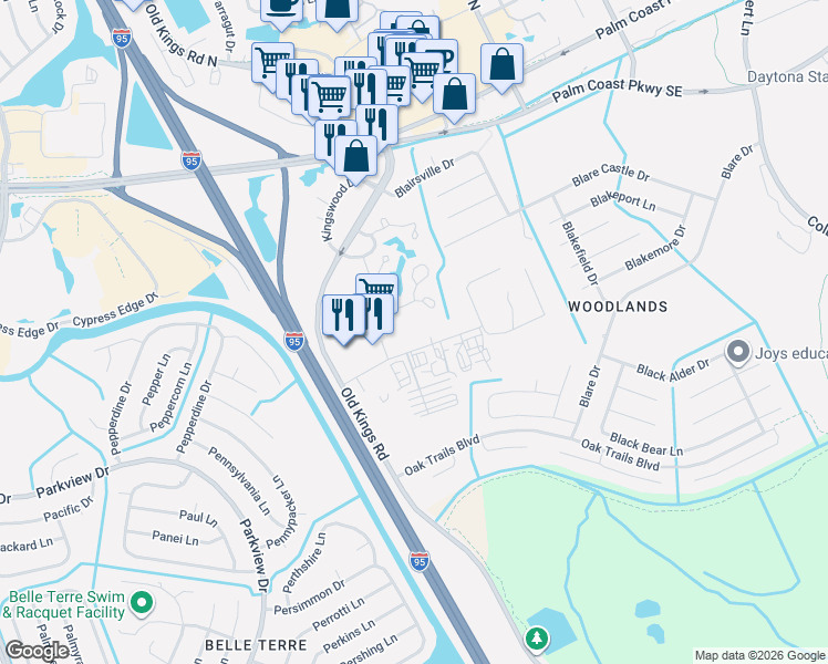 map of restaurants, bars, coffee shops, grocery stores, and more near 21 Utility Drive in Palm Coast