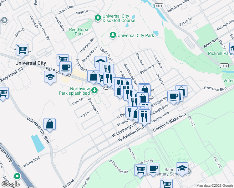 map of restaurants, bars, coffee shops, grocery stores, and more near 809 Pat Booker Road in Universal City