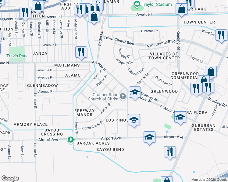 map of restaurants, bars, coffee shops, grocery stores, and more near 1633 Brumbelow Street in Rosenberg