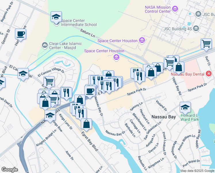 map of restaurants, bars, coffee shops, grocery stores, and more near 1315 East Nasa Parkway in Houston