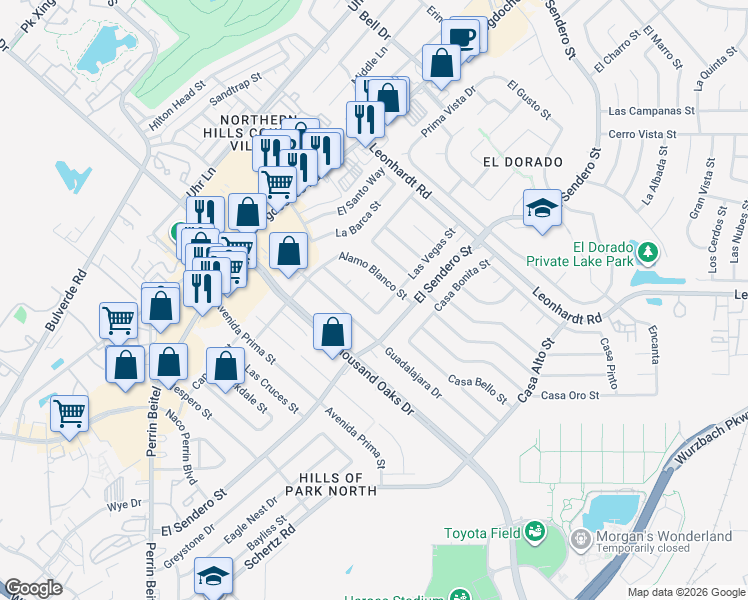 map of restaurants, bars, coffee shops, grocery stores, and more near 11906 Los Cerros Street in San Antonio