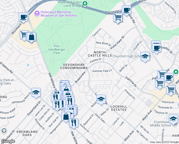 map of restaurants, bars, coffee shops, grocery stores, and more near 50 Larkspur Drive in San Antonio