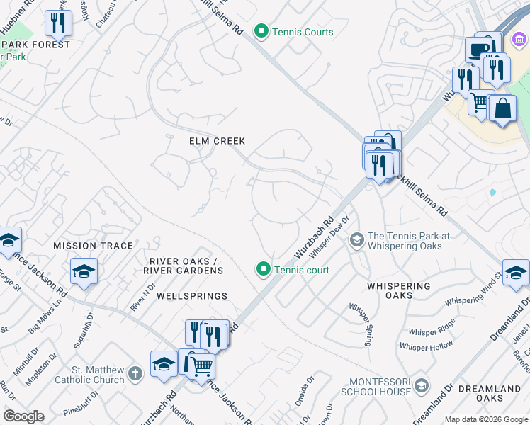 map of restaurants, bars, coffee shops, grocery stores, and more near 11748 Mill Rock Road in San Antonio