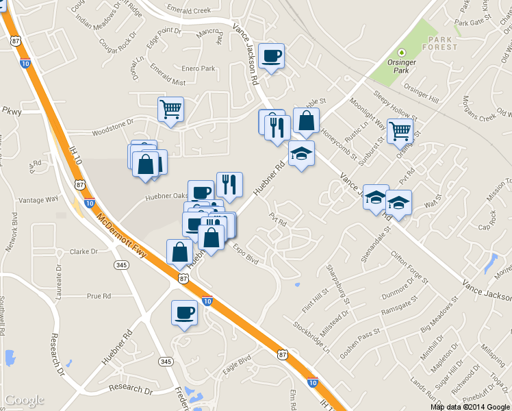 map of restaurants, bars, coffee shops, grocery stores, and more near 11520 Huebner Road in San Antonio