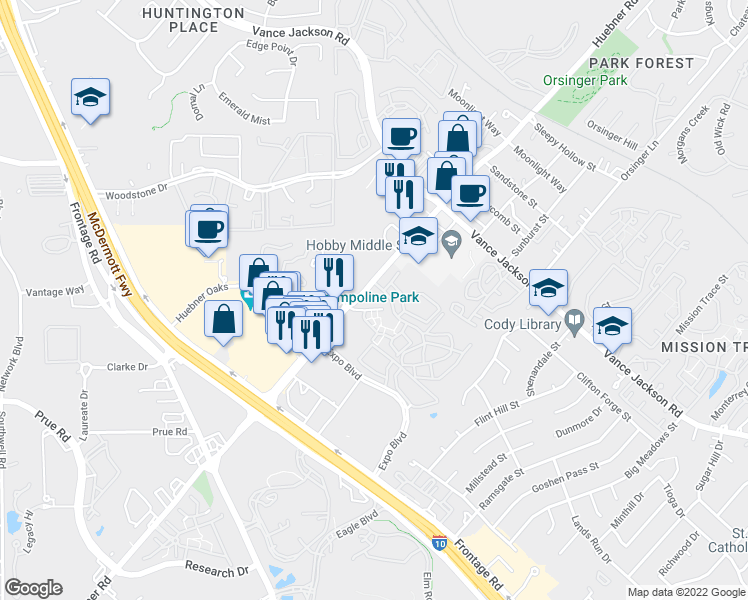 map of restaurants, bars, coffee shops, grocery stores, and more near 11520 Huebner Road in San Antonio