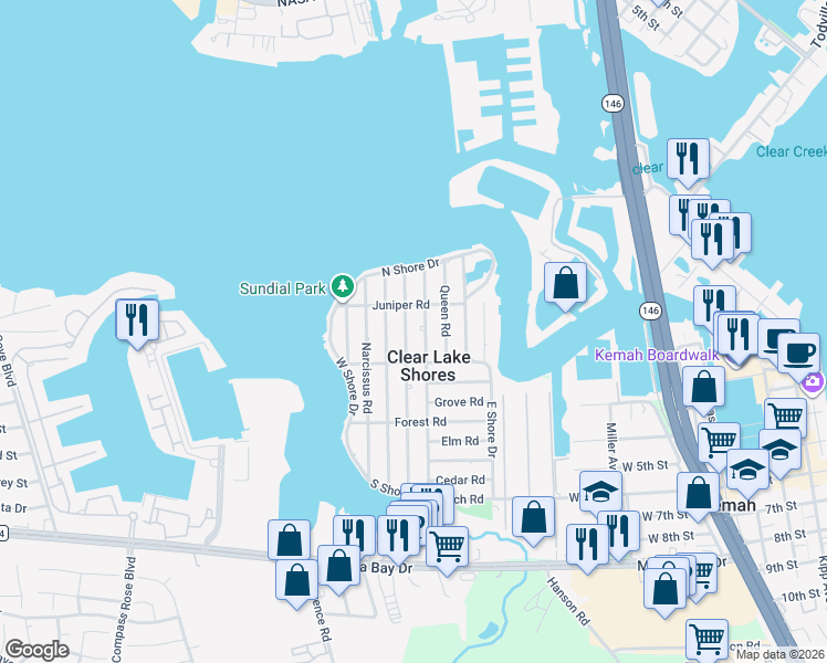 map of restaurants, bars, coffee shops, grocery stores, and more near 307 Pine Rd in Kemah