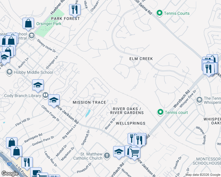 map of restaurants, bars, coffee shops, grocery stores, and more near 11702 Mission Trace Street in San Antonio