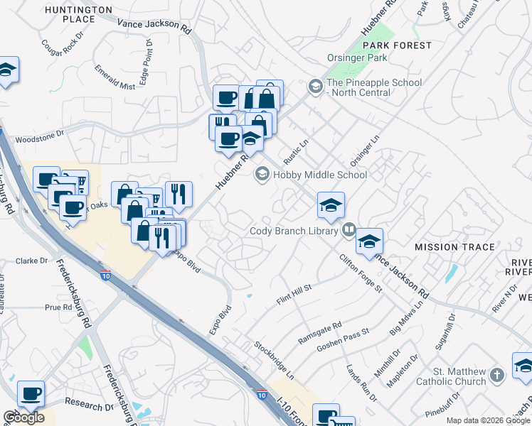 map of restaurants, bars, coffee shops, grocery stores, and more near 11660 Huebner Rd in San Antonio
