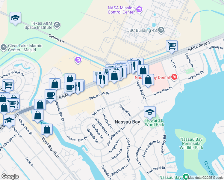 map of restaurants, bars, coffee shops, grocery stores, and more near 18050 Saturn Lane in Houston