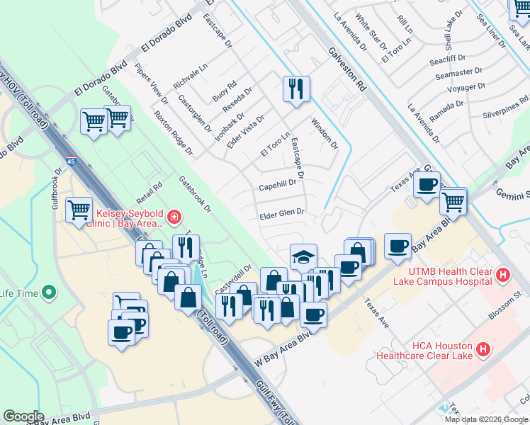 map of restaurants, bars, coffee shops, grocery stores, and more near 327 Elder Glen Drive in Webster