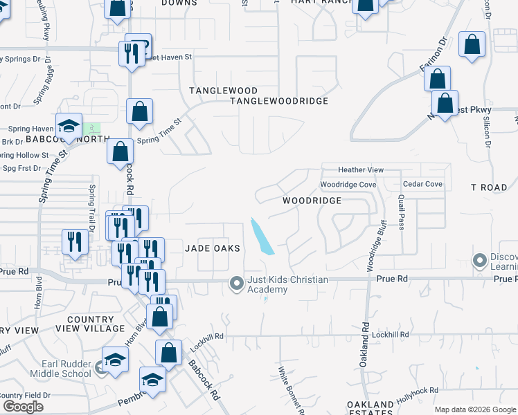 map of restaurants, bars, coffee shops, grocery stores, and more near 11503 Wood Harbor in San Antonio