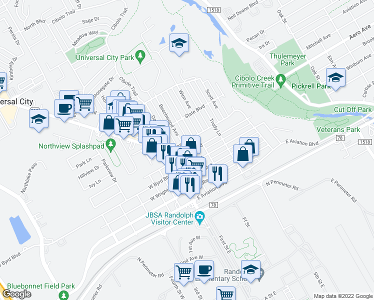 map of restaurants, bars, coffee shops, grocery stores, and more near 209 East Langley Boulevard in Universal City