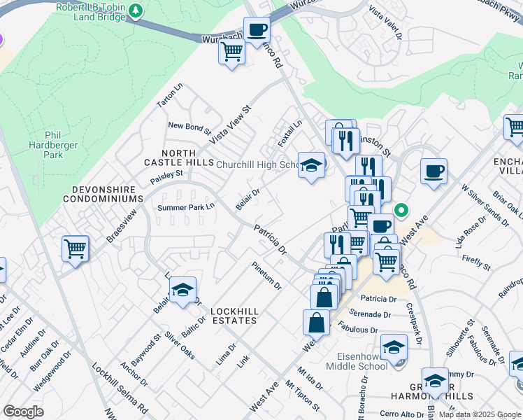 map of restaurants, bars, coffee shops, grocery stores, and more near 1401 Patricia in San Antonio