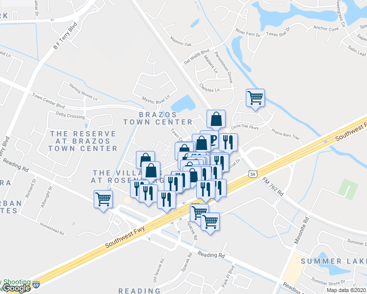 map of restaurants, bars, coffee shops, grocery stores, and more near 1402 Town Center Boulevard in Rosenberg