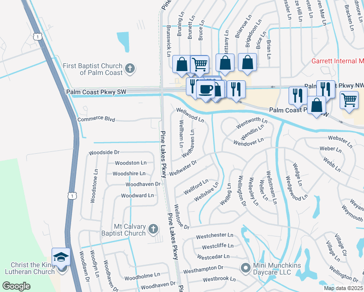 map of restaurants, bars, coffee shops, grocery stores, and more near 12a Wellham Lane in Palm Coast