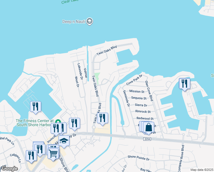 map of restaurants, bars, coffee shops, grocery stores, and more near 321 Twin Timbers Lane in Kemah