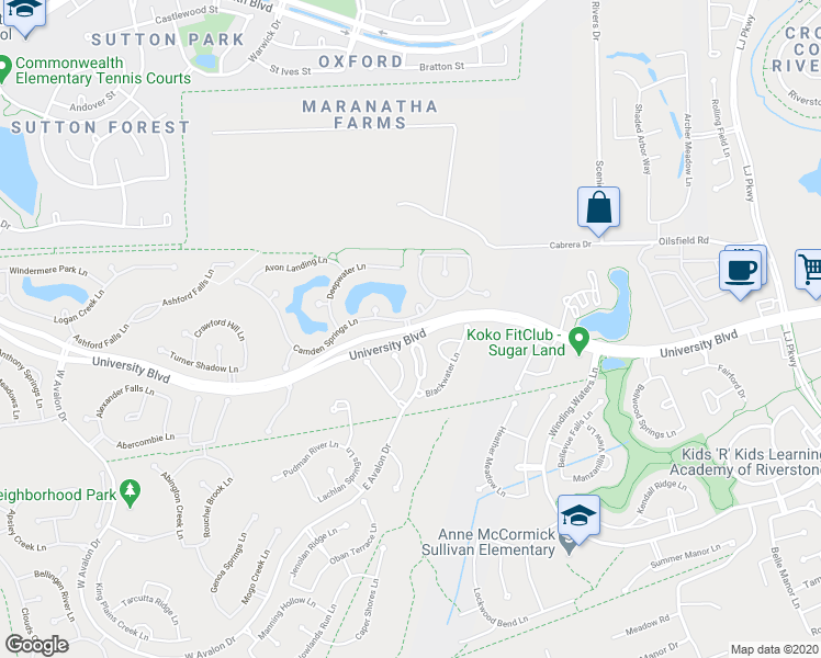 map of restaurants, bars, coffee shops, grocery stores, and more near Moon Brook Lane in Sugar Land