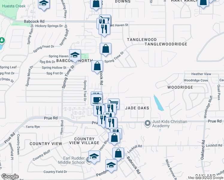 map of restaurants, bars, coffee shops, grocery stores, and more near 6389 Melissa Ann Street in San Antonio