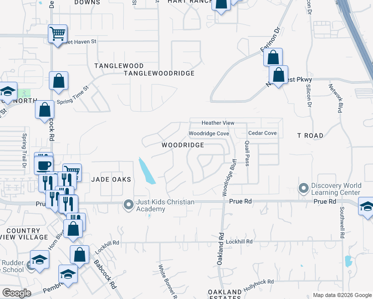 map of restaurants, bars, coffee shops, grocery stores, and more near 6038 Wood Bayou in San Antonio