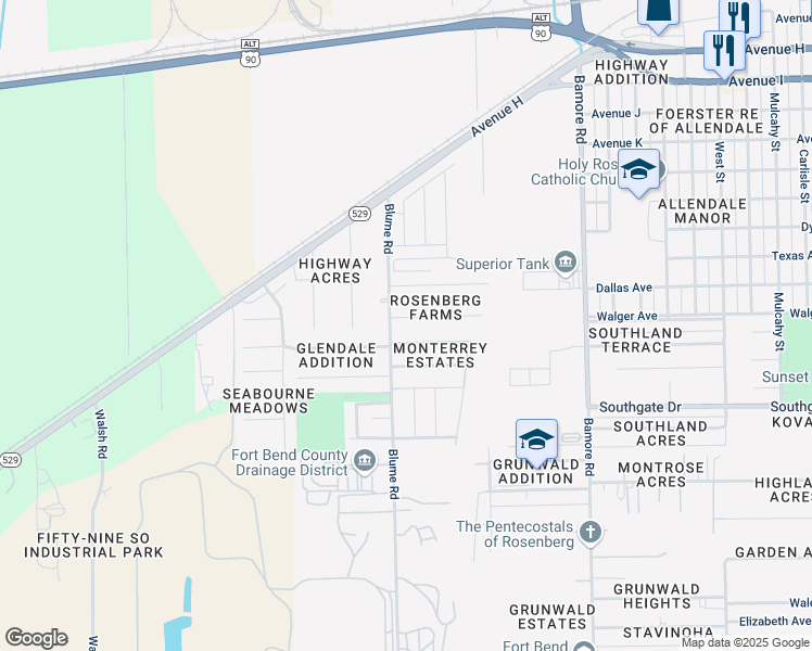 map of restaurants, bars, coffee shops, grocery stores, and more near 125 Vera Cruz Drive in Rosenberg