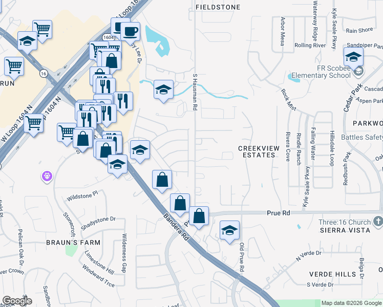 map of restaurants, bars, coffee shops, grocery stores, and more near 8803 Brae Park Drive in San Antonio