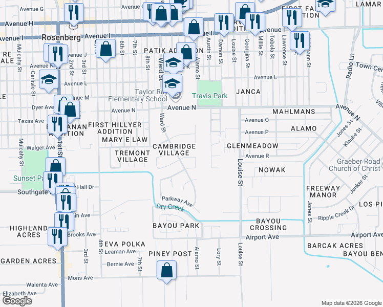 map of restaurants, bars, coffee shops, grocery stores, and more near 2721 Davis Avenue in Rosenberg