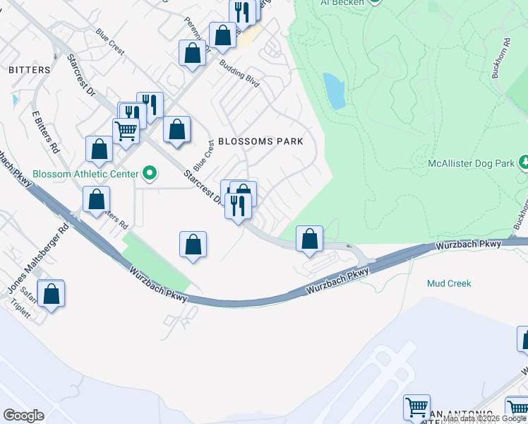 map of restaurants, bars, coffee shops, grocery stores, and more near 2231 Lotus Blossom Street in San Antonio
