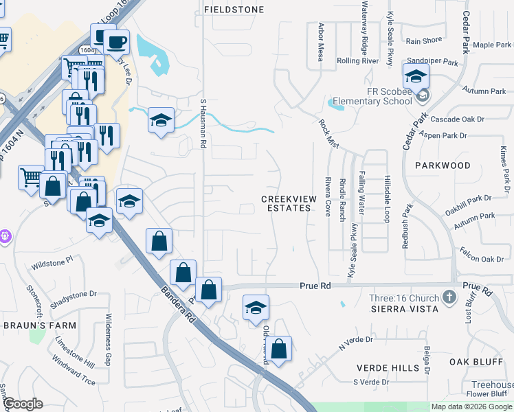map of restaurants, bars, coffee shops, grocery stores, and more near 10943 Rocky Trail in San Antonio