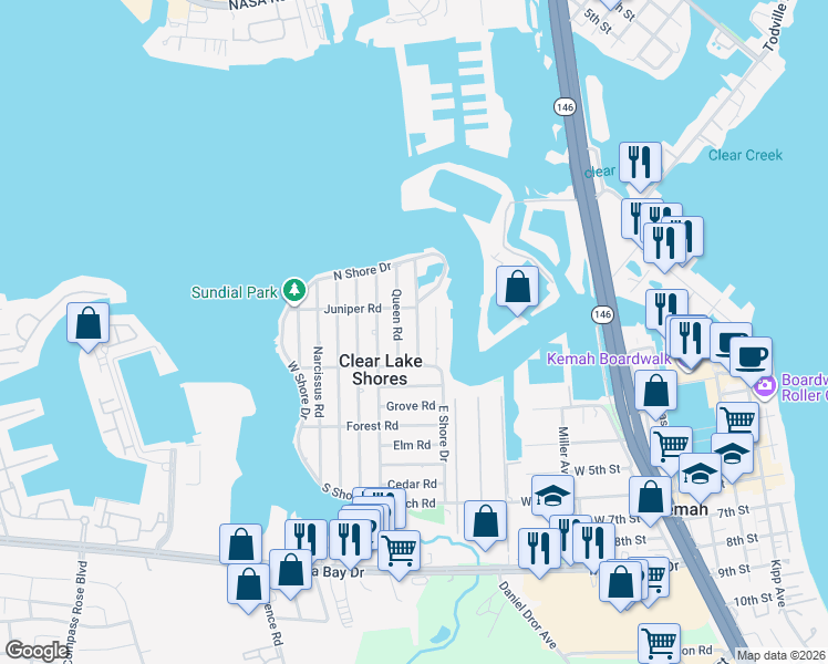 map of restaurants, bars, coffee shops, grocery stores, and more near 266 East Shore Drive in Kemah