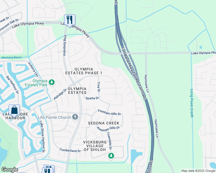 map of restaurants, bars, coffee shops, grocery stores, and more near 3326 Chimera Lane in Missouri City