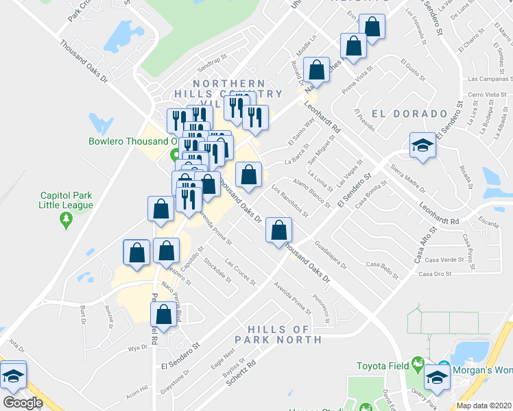 map of restaurants, bars, coffee shops, grocery stores, and more near 4503 Thousand Oaks Dr in San Antonio