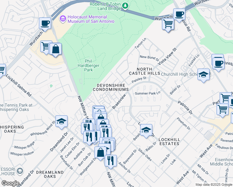 map of restaurants, bars, coffee shops, grocery stores, and more near 11843 Braesview in San Antonio