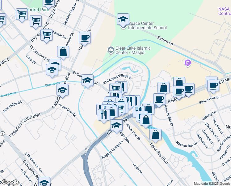 map of restaurants, bars, coffee shops, grocery stores, and more near 17629 El Camino Real in Houston