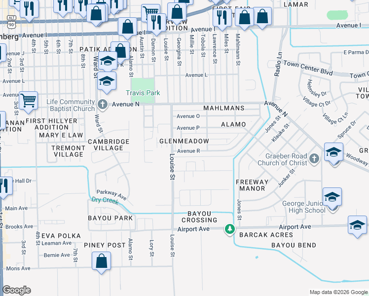 map of restaurants, bars, coffee shops, grocery stores, and more near 3212 Avenue R in Rosenberg
