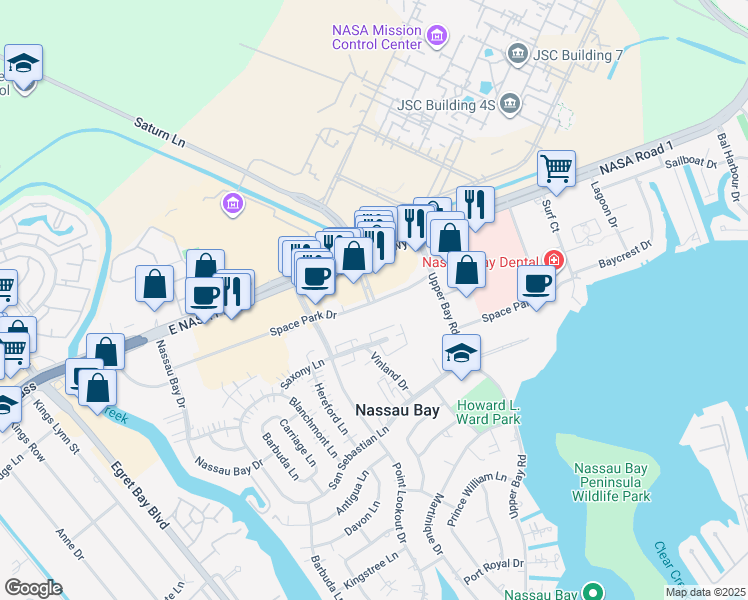 map of restaurants, bars, coffee shops, grocery stores, and more near 19000 Saturn Lane in Houston