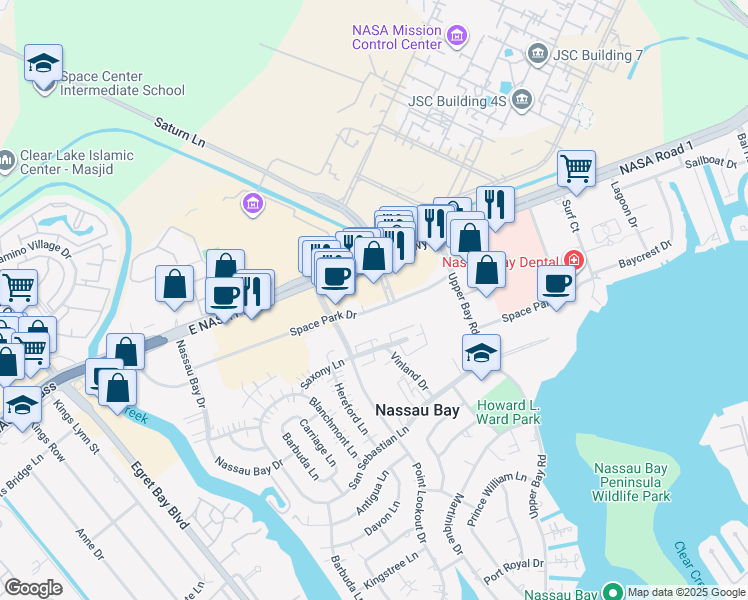 map of restaurants, bars, coffee shops, grocery stores, and more near 18050 Saturn Lane in Houston