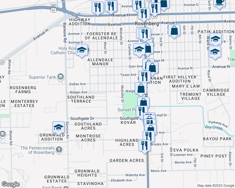 map of restaurants, bars, coffee shops, grocery stores, and more near 1415 Mimosa Lane in Rosenberg