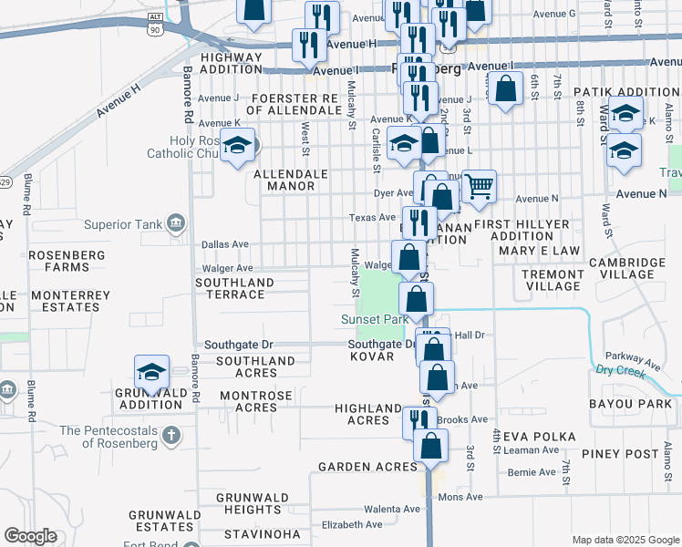 map of restaurants, bars, coffee shops, grocery stores, and more near 1415 Mimosa Lane in Rosenberg
