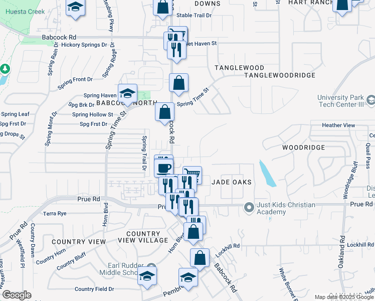 map of restaurants, bars, coffee shops, grocery stores, and more near 6389 Melissa Ann Street in San Antonio