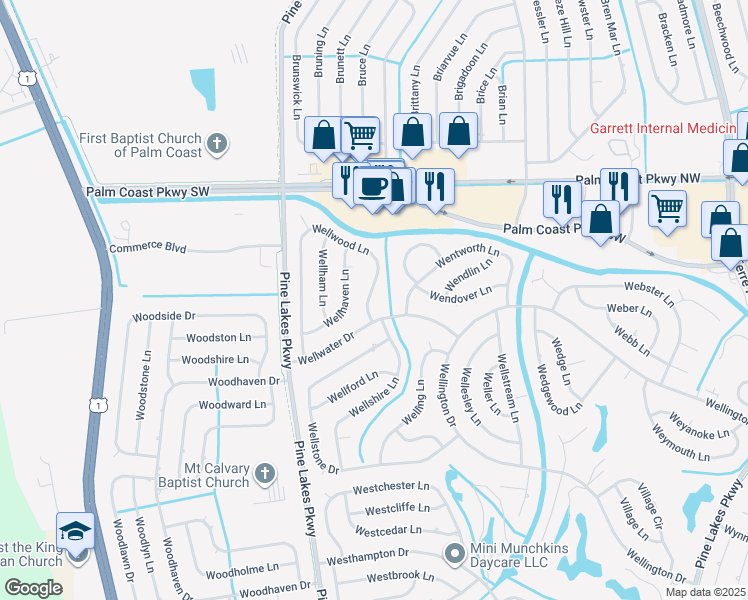 map of restaurants, bars, coffee shops, grocery stores, and more near 137 Wellwood Lane in Palm Coast
