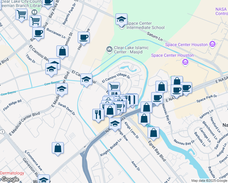 map of restaurants, bars, coffee shops, grocery stores, and more near 17641 El Camino Real in Houston