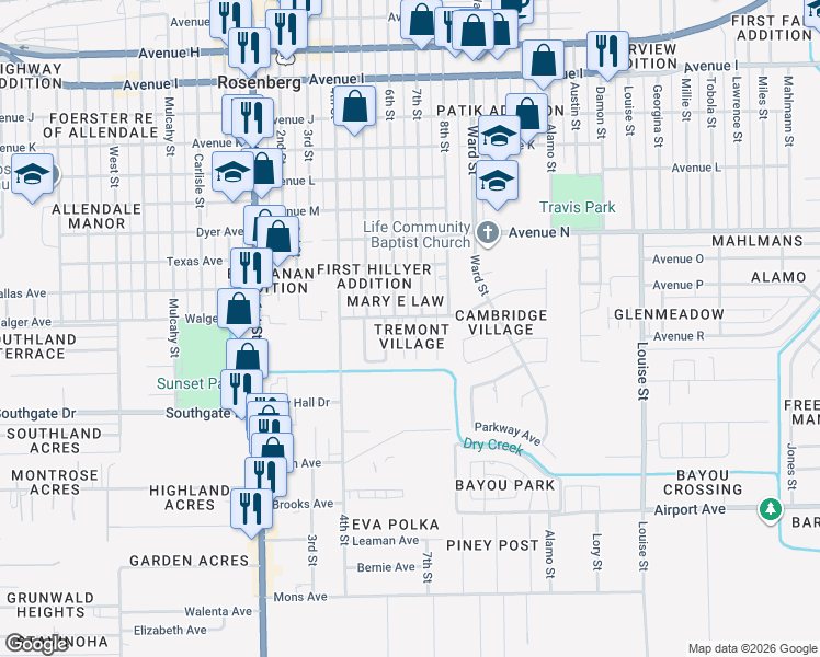 map of restaurants, bars, coffee shops, grocery stores, and more near 1916 Tremont Court in Rosenberg