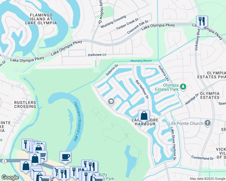 map of restaurants, bars, coffee shops, grocery stores, and more near 4014 Tuscan Shores Drive in Missouri City
