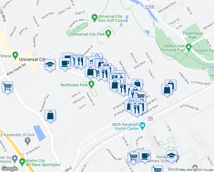 map of restaurants, bars, coffee shops, grocery stores, and more near 829 Pat Booker Road in Universal City